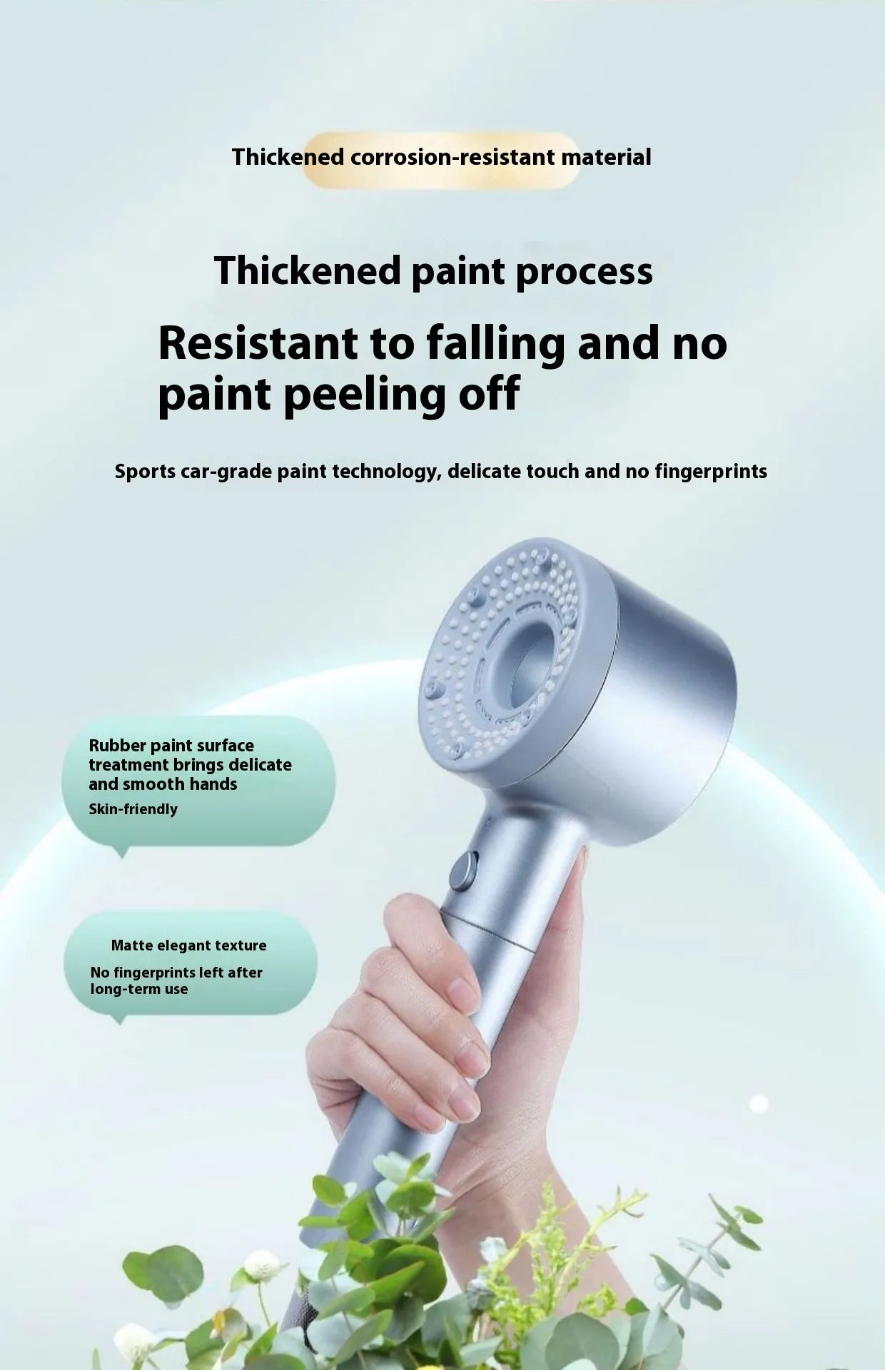 Silver hair dryer held by a hand with text about its features.