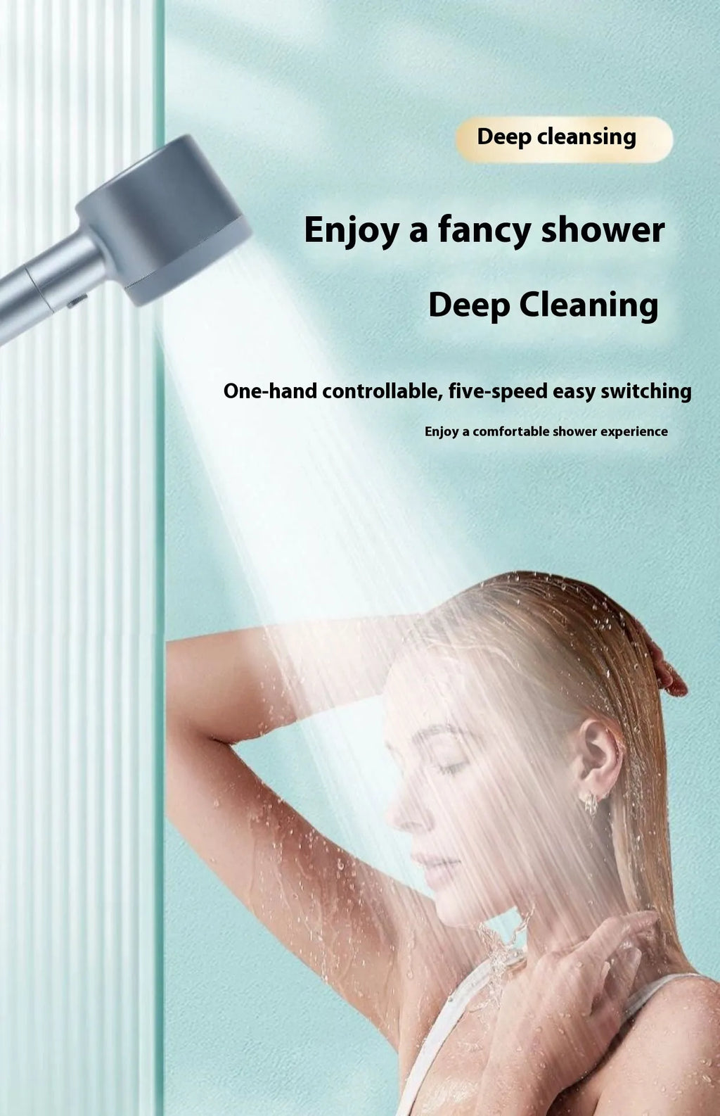 Person showering with a shower head and text about deep cleansing and easy switching.