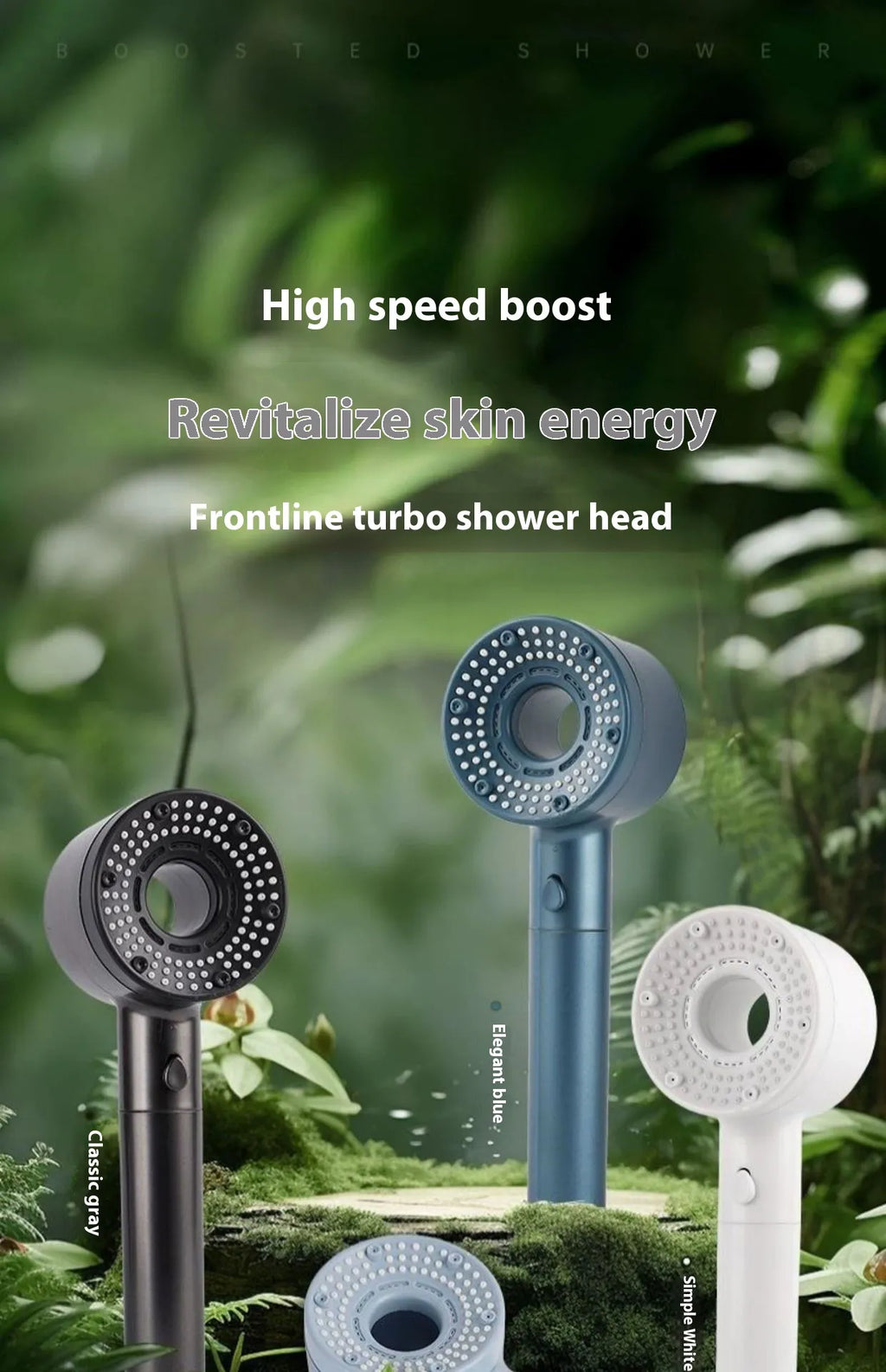 Frontline turbo shower head with high speed boost feature.