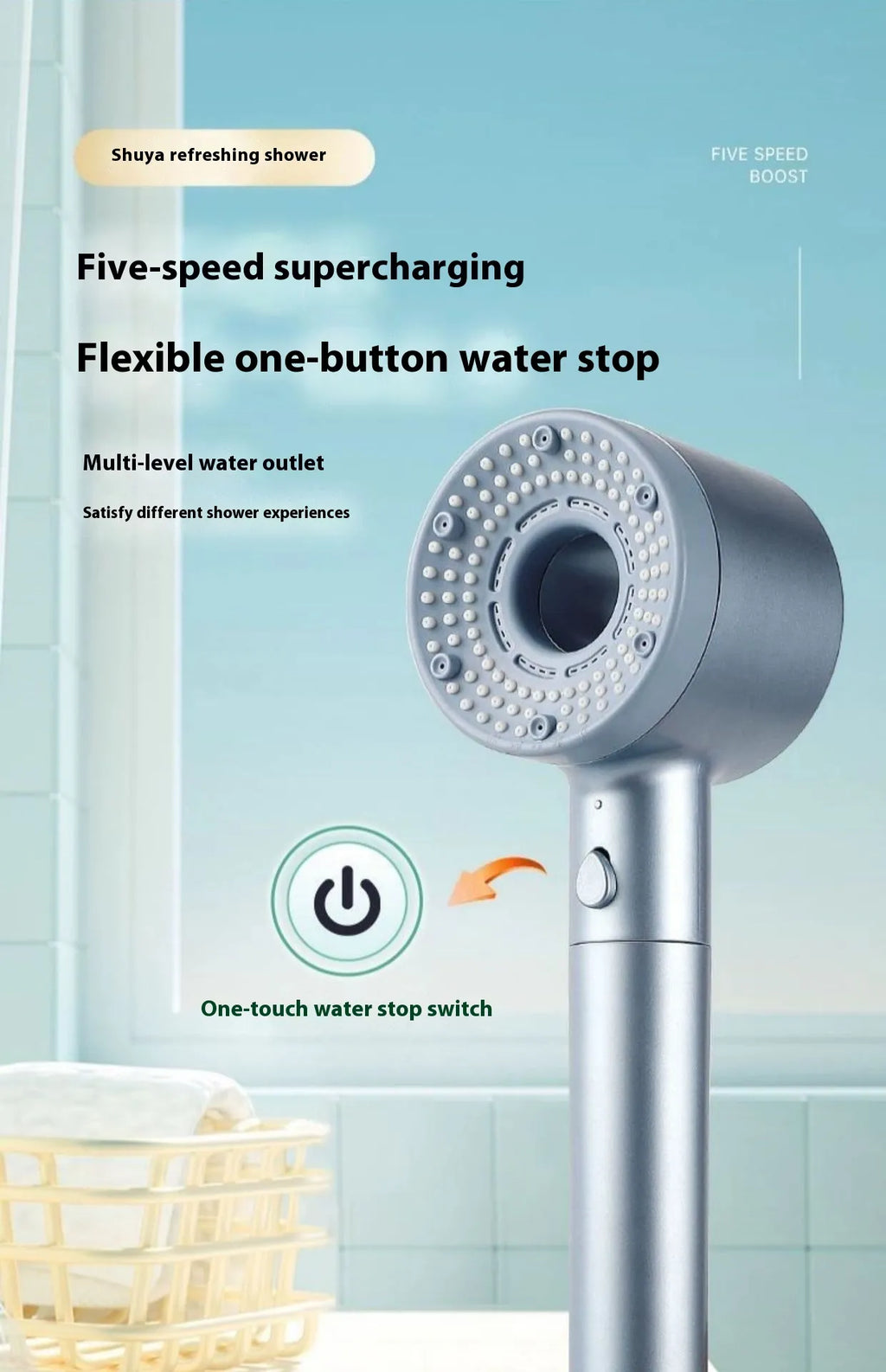 Shower head with multiple features highlighted.