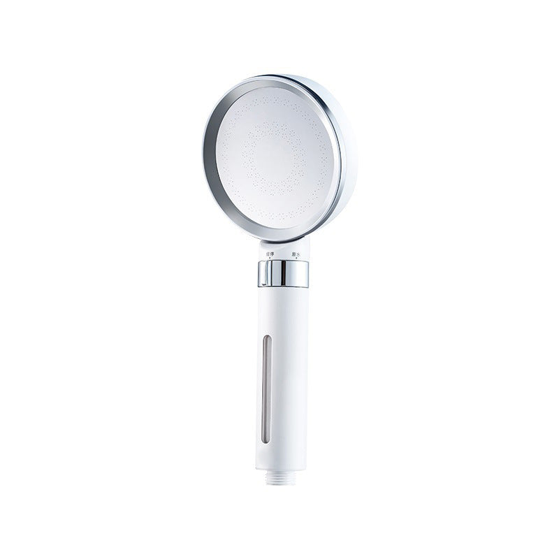 White handheld shower head with silver nozzle.