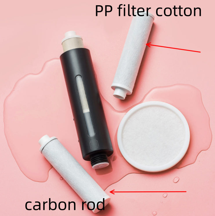 Filter components including PP filter cotton, carbon rod, and a cylindrical filter.
