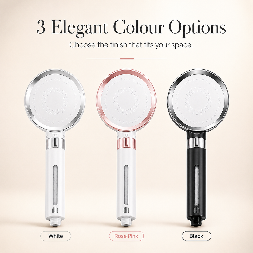 Three handheld mirror products shown side by side with text reading '3 Elegant Colour Options' above and color labels below: White, Rose Pink, and Black. The mirrors have reflective circular heads with silver-toned edges, and the handles are white, rose pink, and black respectively.