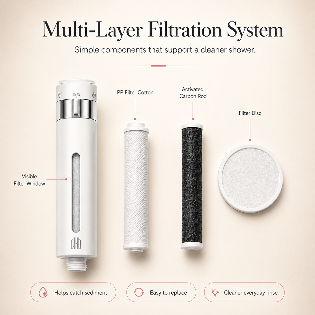 A multi-layer filtration system shown with four labeled filter components on a light beige background: a white cylindrical body with a visible filter window, a white PP filter cotton rod, an activated carbon rod, and a round white filter disc. Text at the top reads 'Multi-Layer Filtration System' and callout lines label each part.