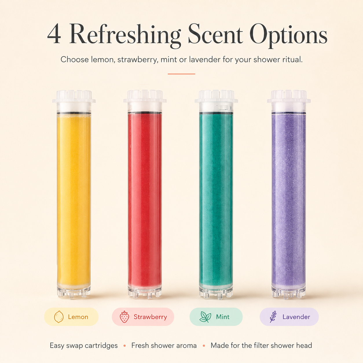 Four cylindrical shower scent cartridges in different colors are shown on a light beige background with text reading '4 Refreshing Scent Options' and labels for Lemon, Strawberry, Mint, and Lavender.