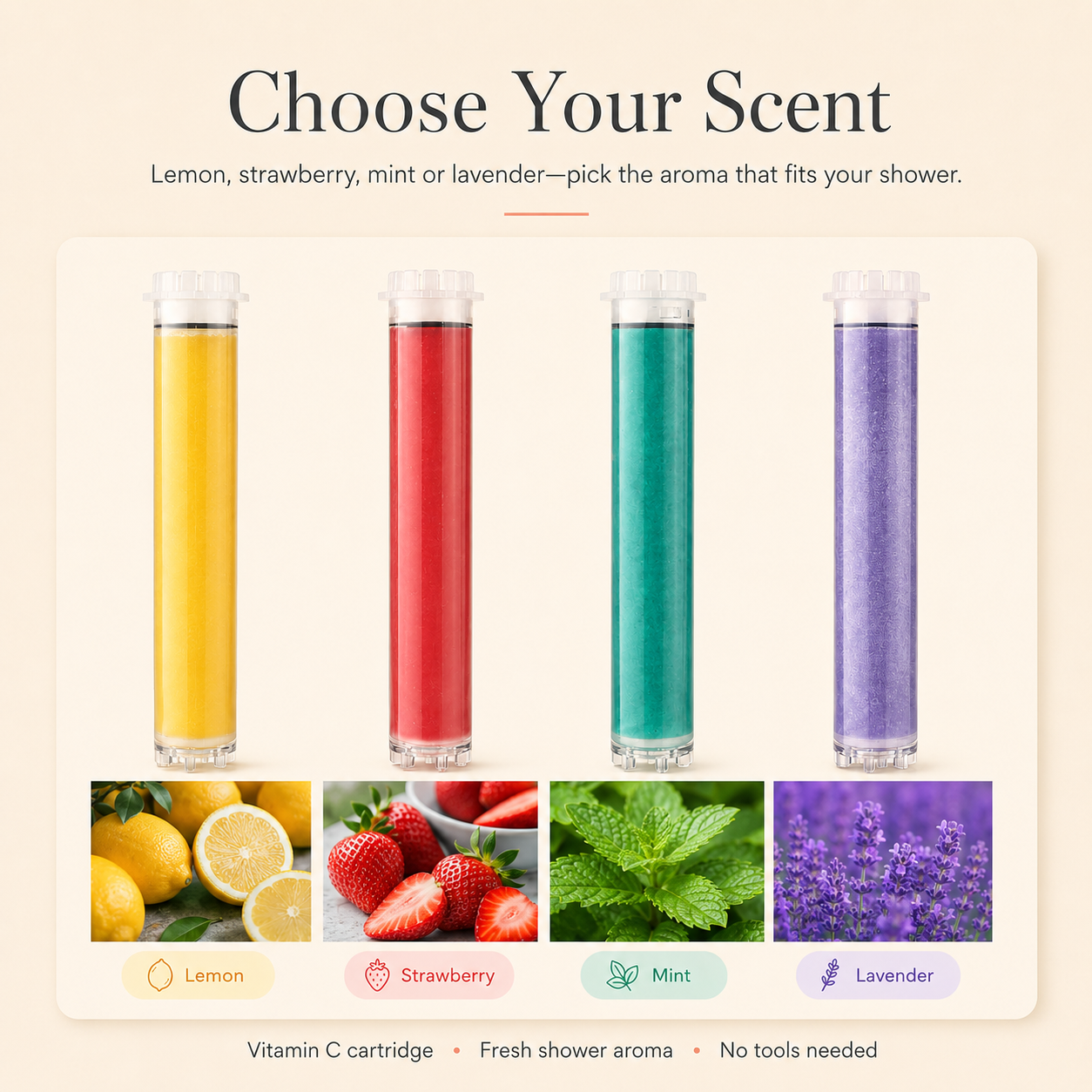 A product selection graphic showing four cylindrical shower spray bottles with different colored liquids: yellow lemon, red strawberry, green mint, and purple lavender. Below each bottle is a small food/flower photo representing the scent, with labels 'Lemon', 'Strawberry', 'Mint', and 'Lavender'.