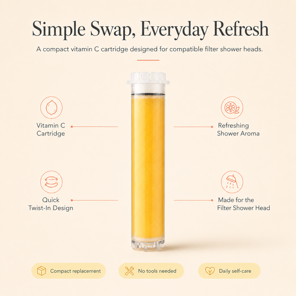 A clean promotional graphic for a compact vitamin C cartridge filter shower head. The product is shown as a clear cylindrical tube filled with yellow-orange liquid, centered on a warm beige background with text callouts reading 'Vitamin C Cartridge,' 'Refreshing Shower Aroma,' 'Quick Twist-In Design,' and 'Made for the Filter Shower Head.