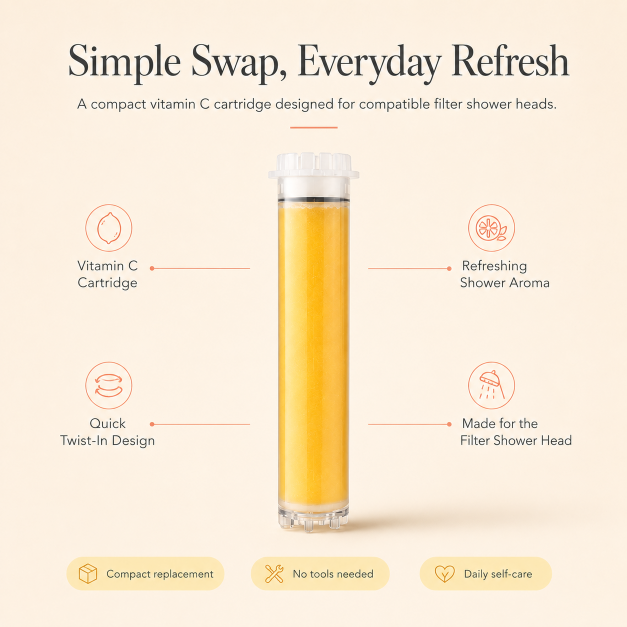 A clean promotional graphic for a compact vitamin C cartridge filter shower head. The product is shown as a clear cylindrical tube filled with yellow-orange liquid, centered on a warm beige background with text callouts reading 'Vitamin C Cartridge,' 'Refreshing Shower Aroma,' 'Quick Twist-In Design,' and 'Made for the Filter Shower Head.