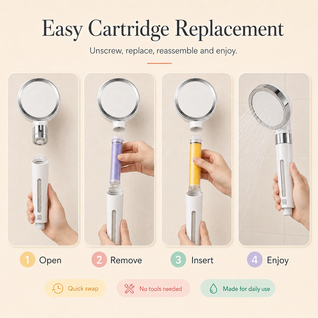 Instructional graphic showing four steps for easy cartridge replacement on a handheld shower head: open, remove, insert, and enjoy, with hands demonstrating the process on a beige background.