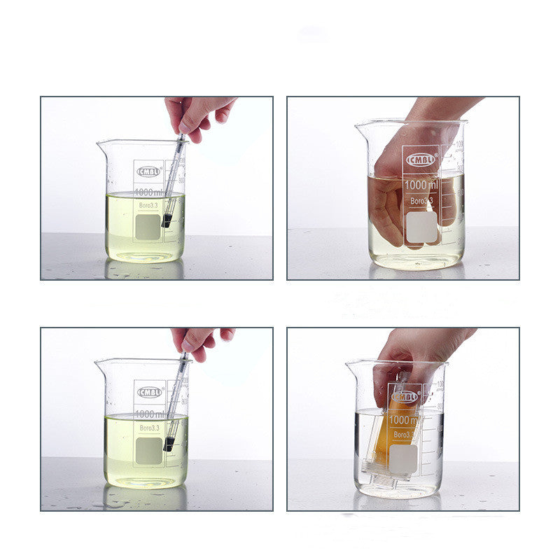 Four panel sequence showing a beaker with a digital thermometer being used to measure liquid temperature.