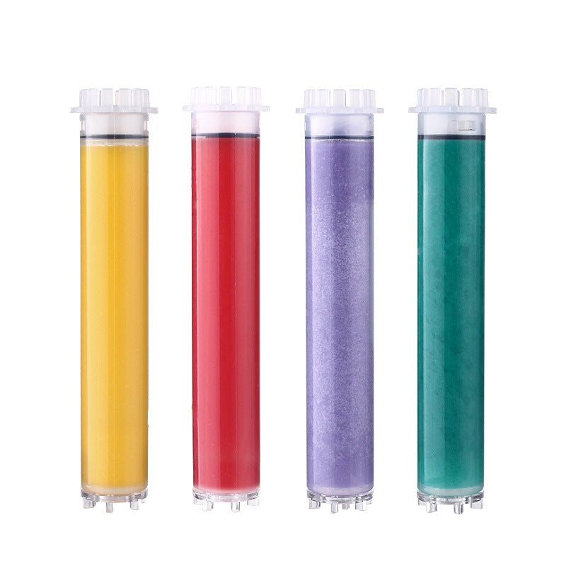 Four colorful cylindrical tubes with white caps.
