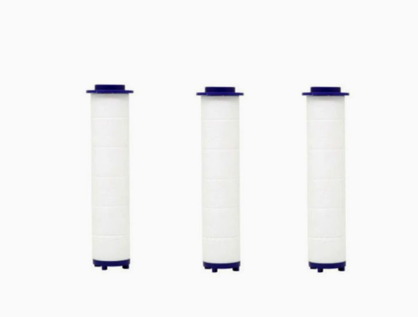 Three cylindrical filter cartridges with blue ends.