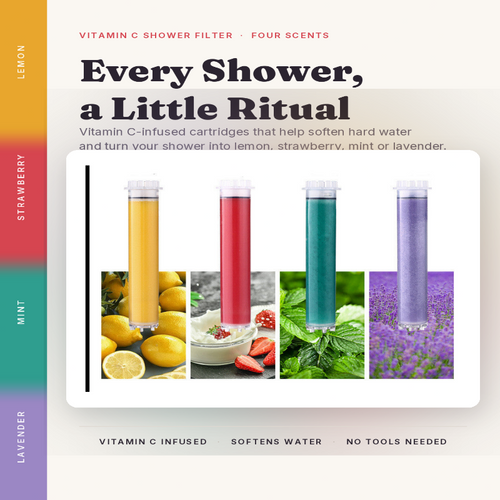 Ablua Vitamin C fragrance shower filter cartridges in lemon, strawberry, mint and lavender scents